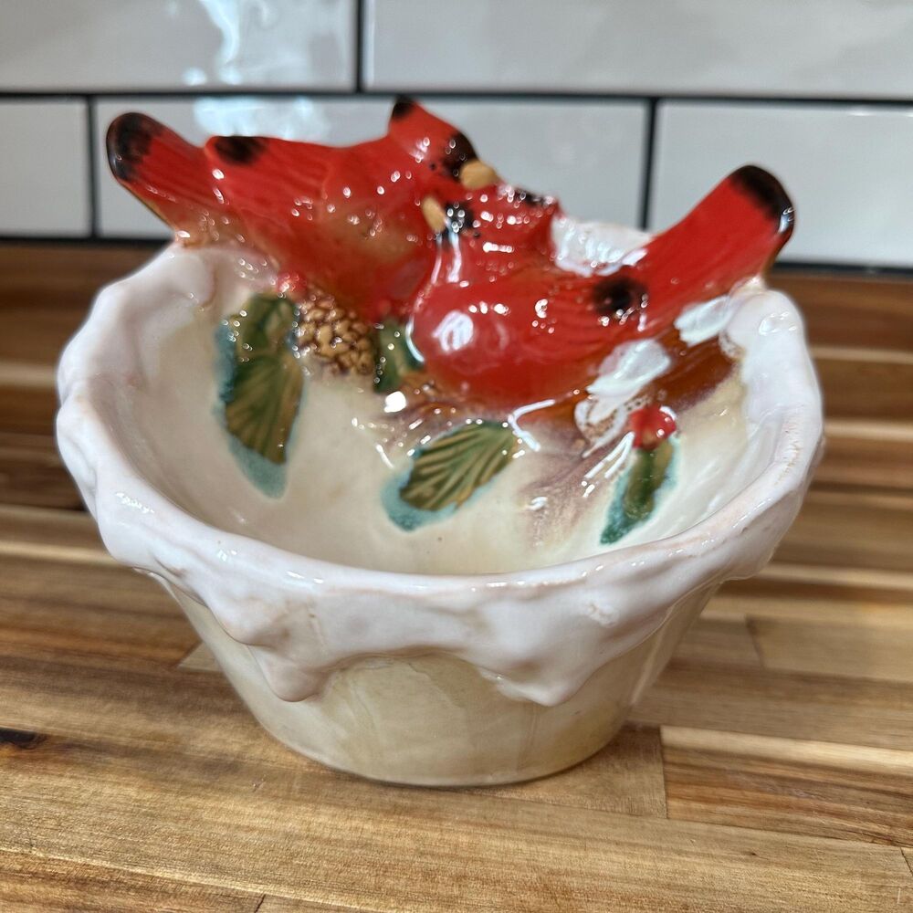 Unique Cardinal Pottery Display Bowl - Raised Cardinals on a Snowy Pine Branch